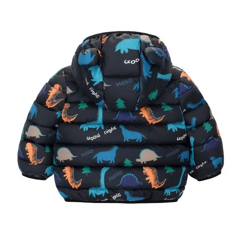 Children Boys Baby Hooded Lightweight Down Jackets Warm Outerwear Autumn Kids Girls Coats Cartoon Dinosaur Print Casual Clothing