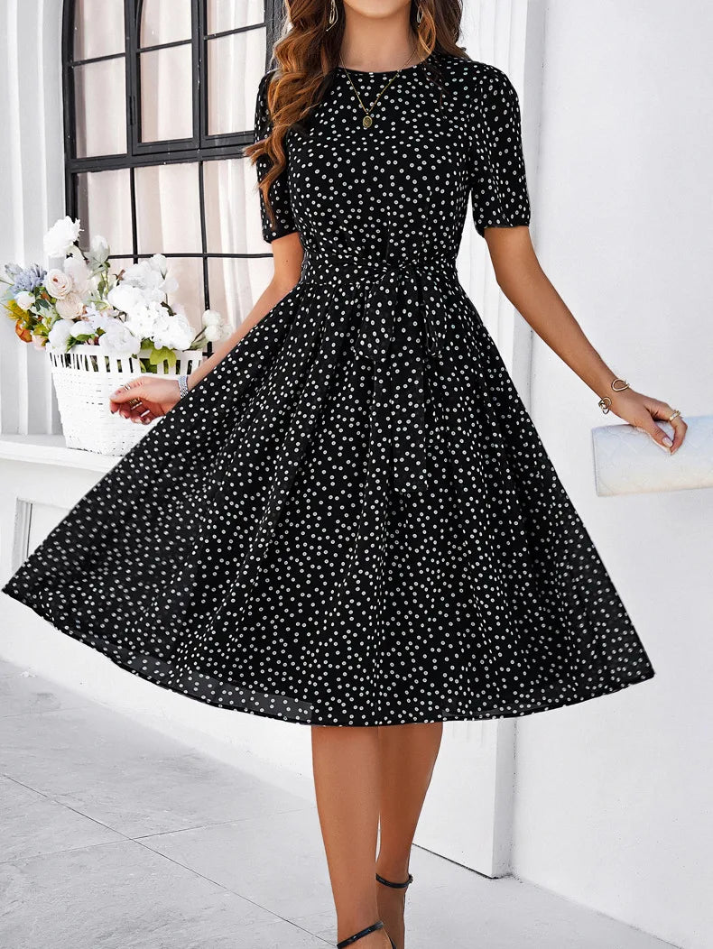 Casual Loose Printed Dot Short Dresses For Women 2025 Fashion Summer Women's A-Line Midi Dress Elegant Vintage Female Dresses