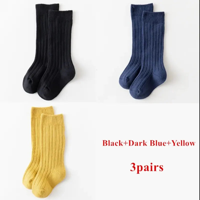 3Pairs/Lot Baby Knee High Socks Kids Girls Boys Soft Cotton Long Sock Cute Spanish Stripe Solid Children Socken For 0-8Years