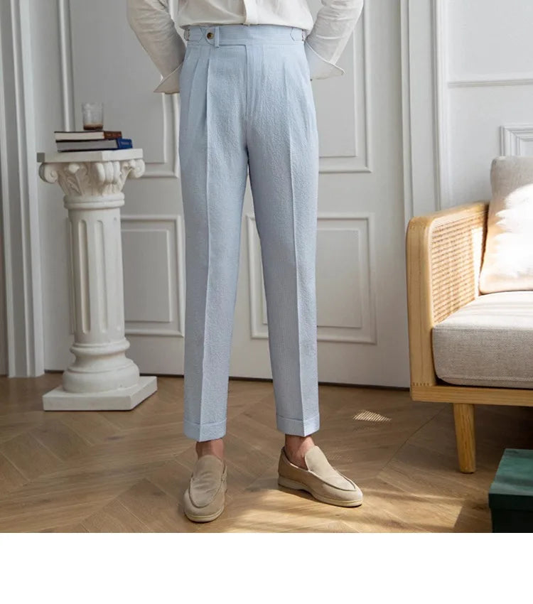 High-end Striped Men's Suit Pants Spring Summer Thin Italian Straight Casual Trousers Blue Paris Buckle Business Trousers