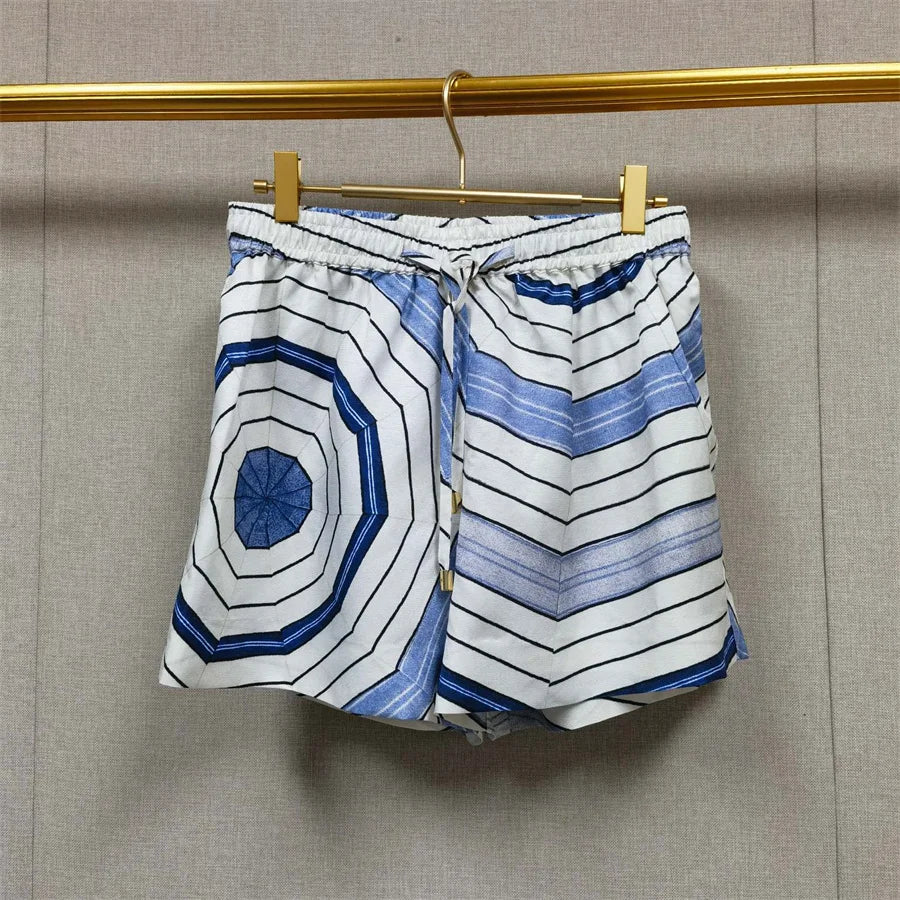 Elegant 2025 Summer Women's Geometric Print Contrasting Collar Shirt+Shorts+Long Sleeved Shirt+Pleated Skirt Set