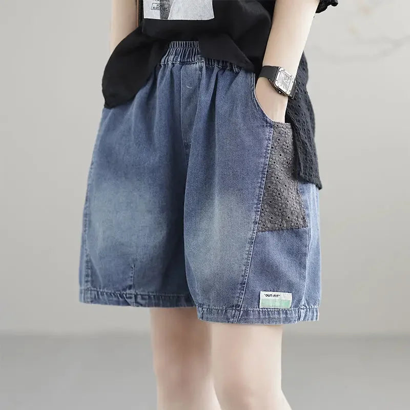Vintage Jeans Shorts Women Summer Floral Embroidery Elastic High Waist Denim Shorts Design Wide Leg Trousers Blue Black Shorts