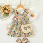 2 Pcs Summer New Baby Girl Dress Fashionable Floral Fly Sleeve Cotton Dress with Crossbody Bag Suitable for Babies Aged 0-3
