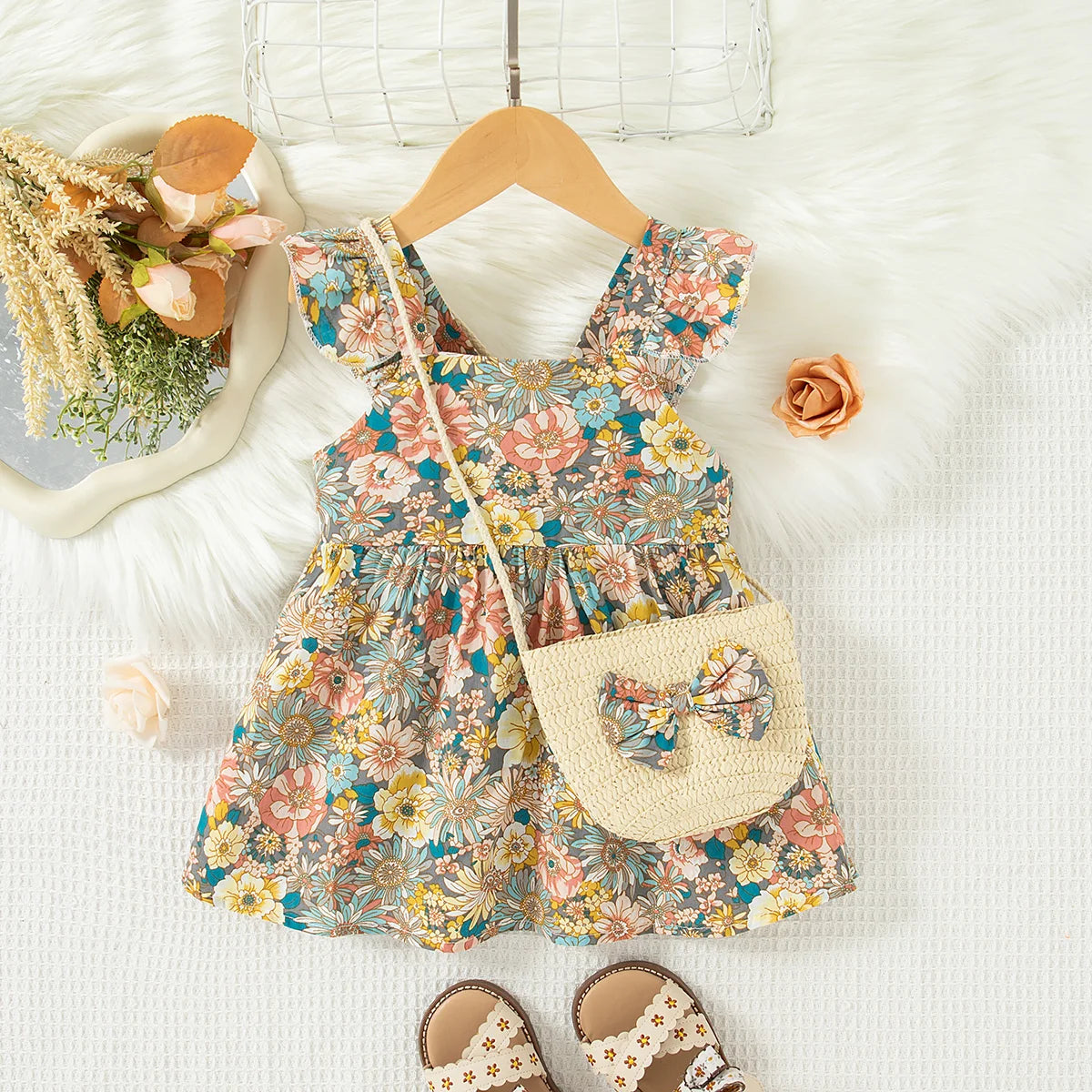 2 Pcs Summer New Baby Girl Dress Fashionable Floral Fly Sleeve Cotton Dress with Crossbody Bag Suitable for Babies Aged 0-3