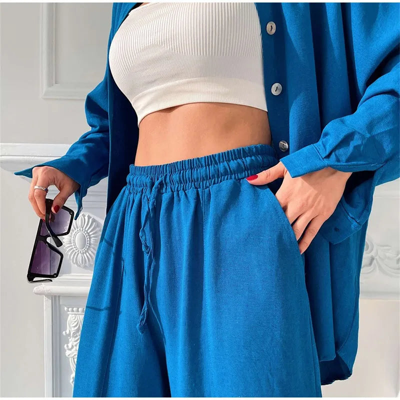 Casual Solid Women Set Tracksuit Women Long Sleeve Single-breasted Shirt and Harem Pants Two Piece Sets Female Fashion Outfits