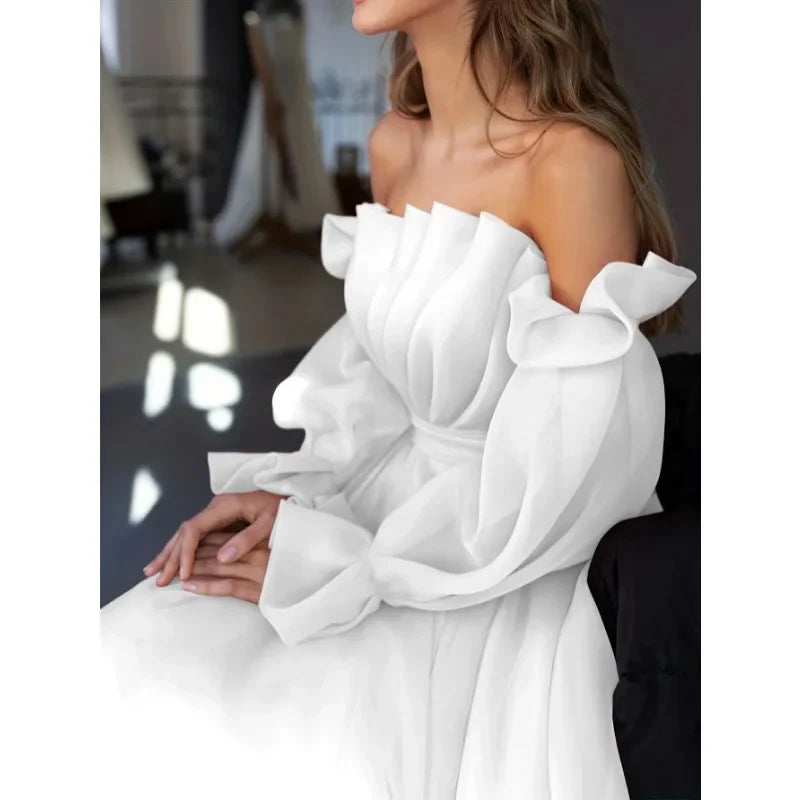 Sexy Fashion Long Sleeve Off Shoulder High Waist Corset Folds Evening Graduation Dress Robe Prom Elegant Women Long Party Dress