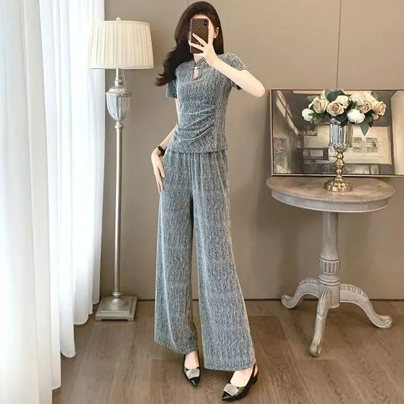 Fashion suit women's summer new style high-end feeling new Chinese style short sleeved top+casual wide leg pants two-piece set