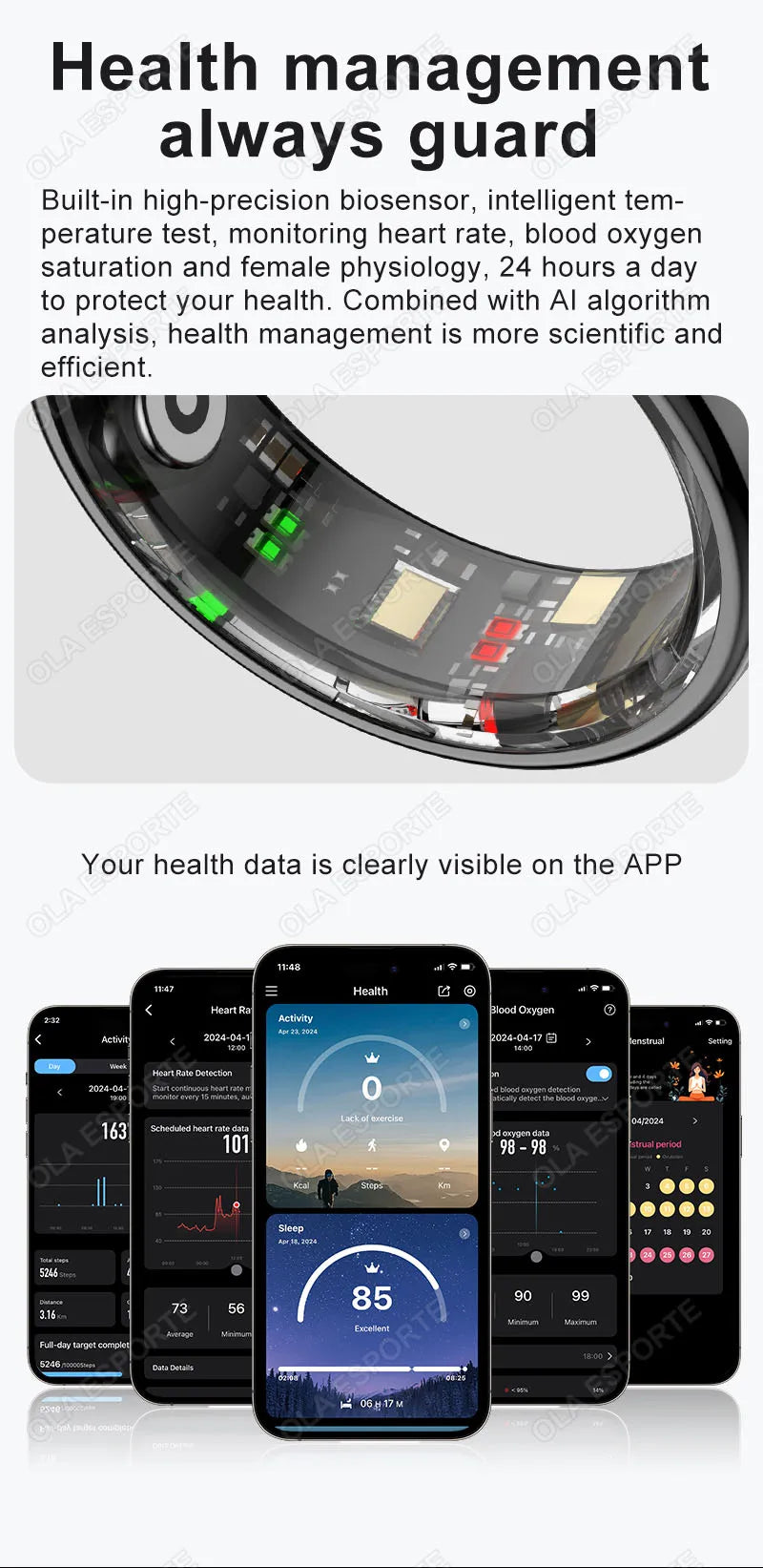 For Xiaomi Smart Ring Bluetooth Health Monitor Heart Rate Blood Oxygen Sleep Temperature Gesture Control Waterproof Sport Rings