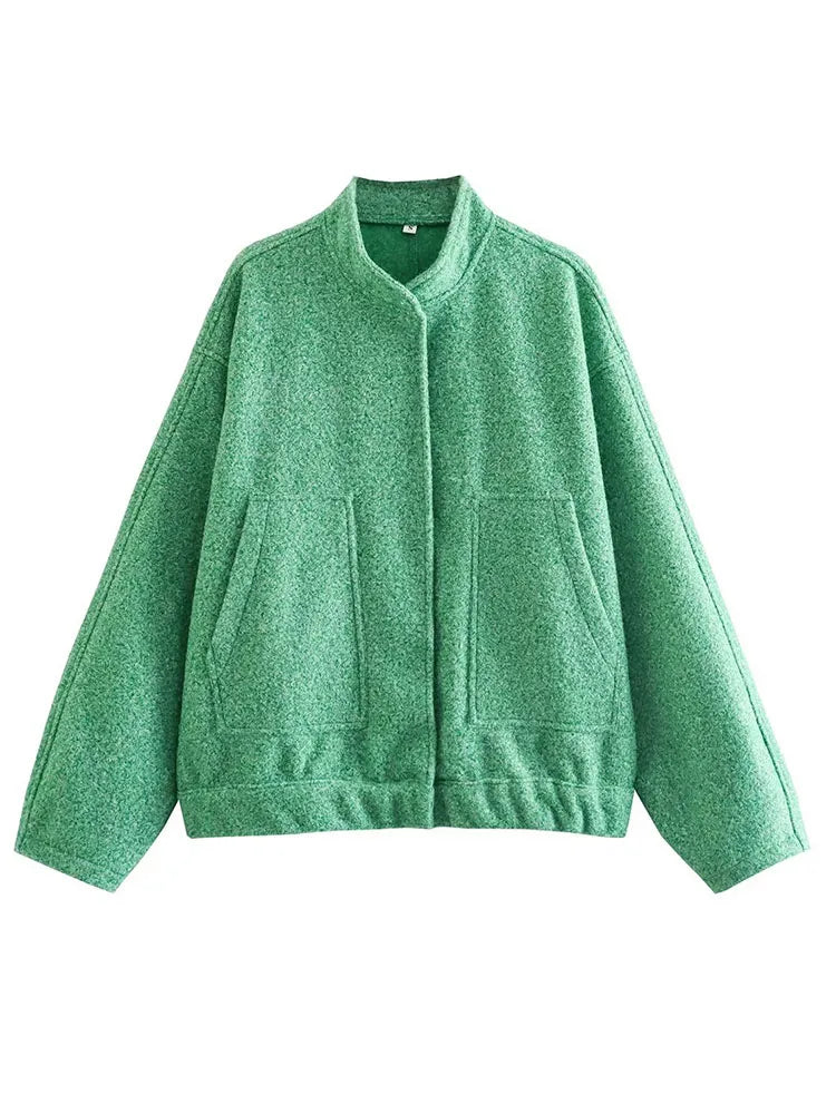 MiuKoMiYa Army Green Short Wool Blend Bomber Jackets For Women Winter Outdoor Women's Woolen Blend Coat Women Loose Wool Jacket