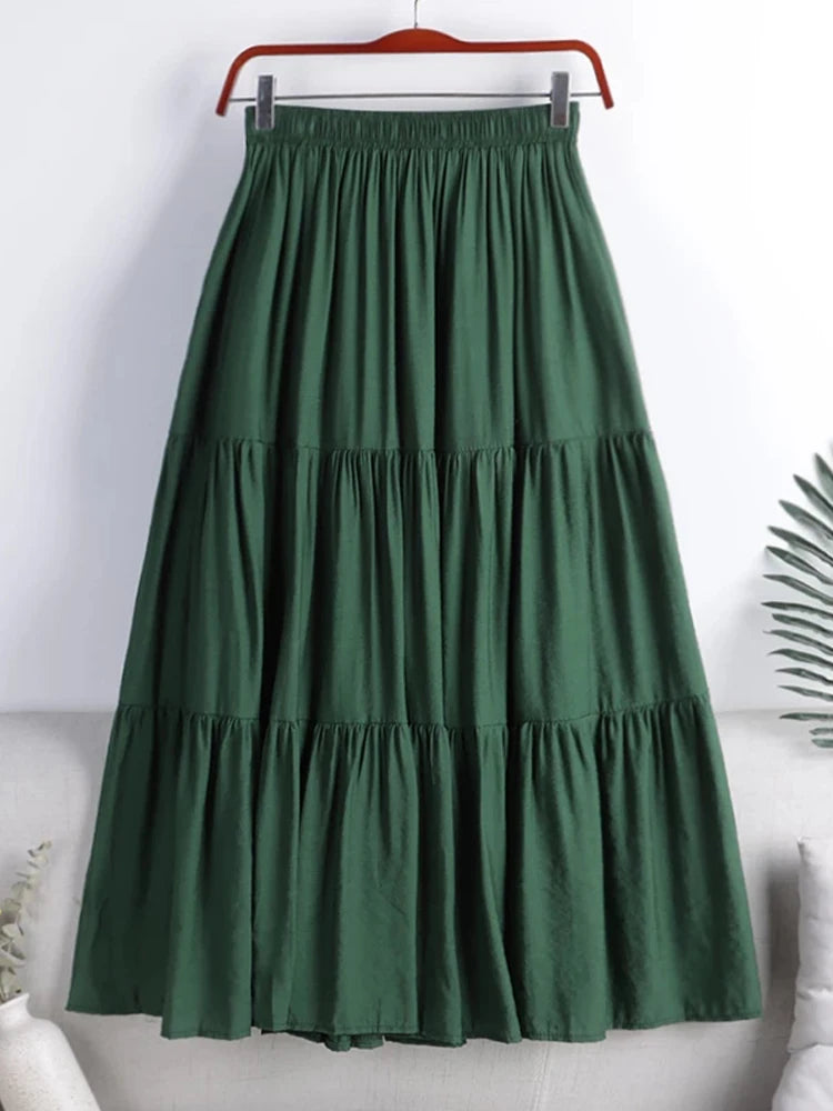 Designer Chic Maxi Skirt Woman 2024 New Summer A-Line Solid Patchwork Skirts Minimalist Casual Loose Pleated Skirts Jupe Femme