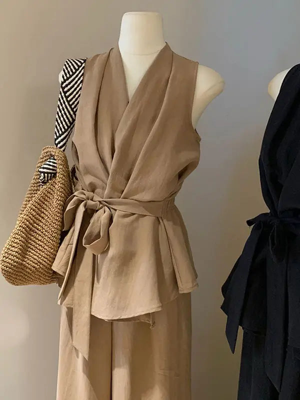 Irregular V-neck Cross Halter Vest Wide-leg Trousers for Women Summer New Suit