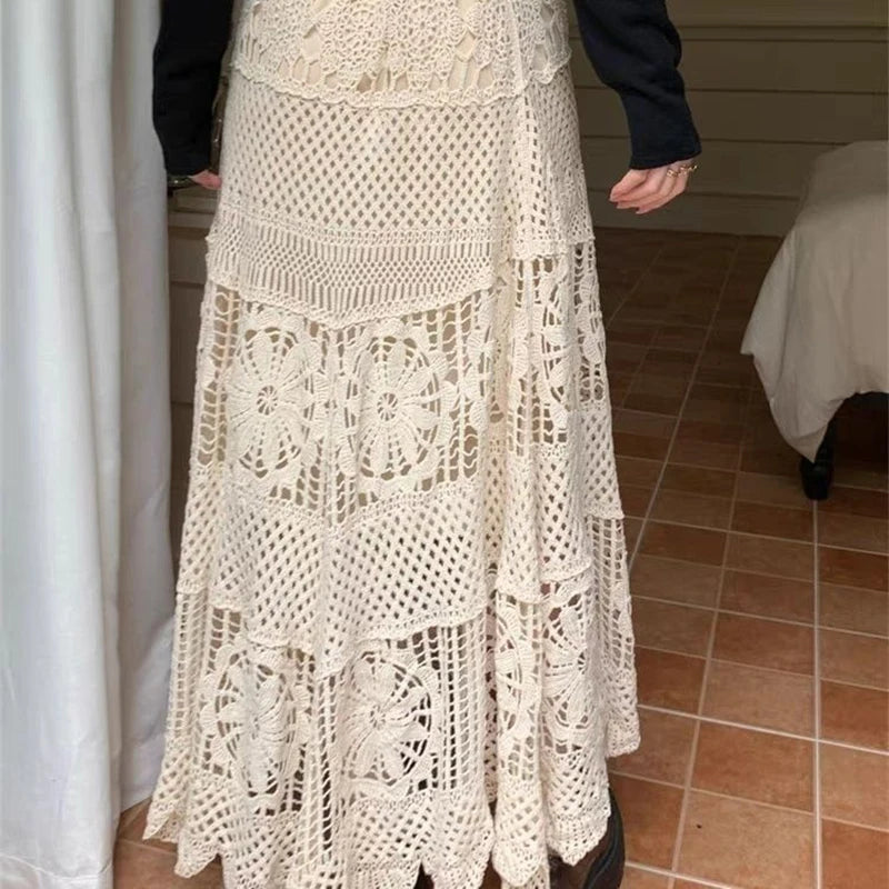Retro Hollow Knitted Crochet Women's Solid Color Skirt 2025 Summer Fashion Lace Patchwork Female High Waisted Skirt
