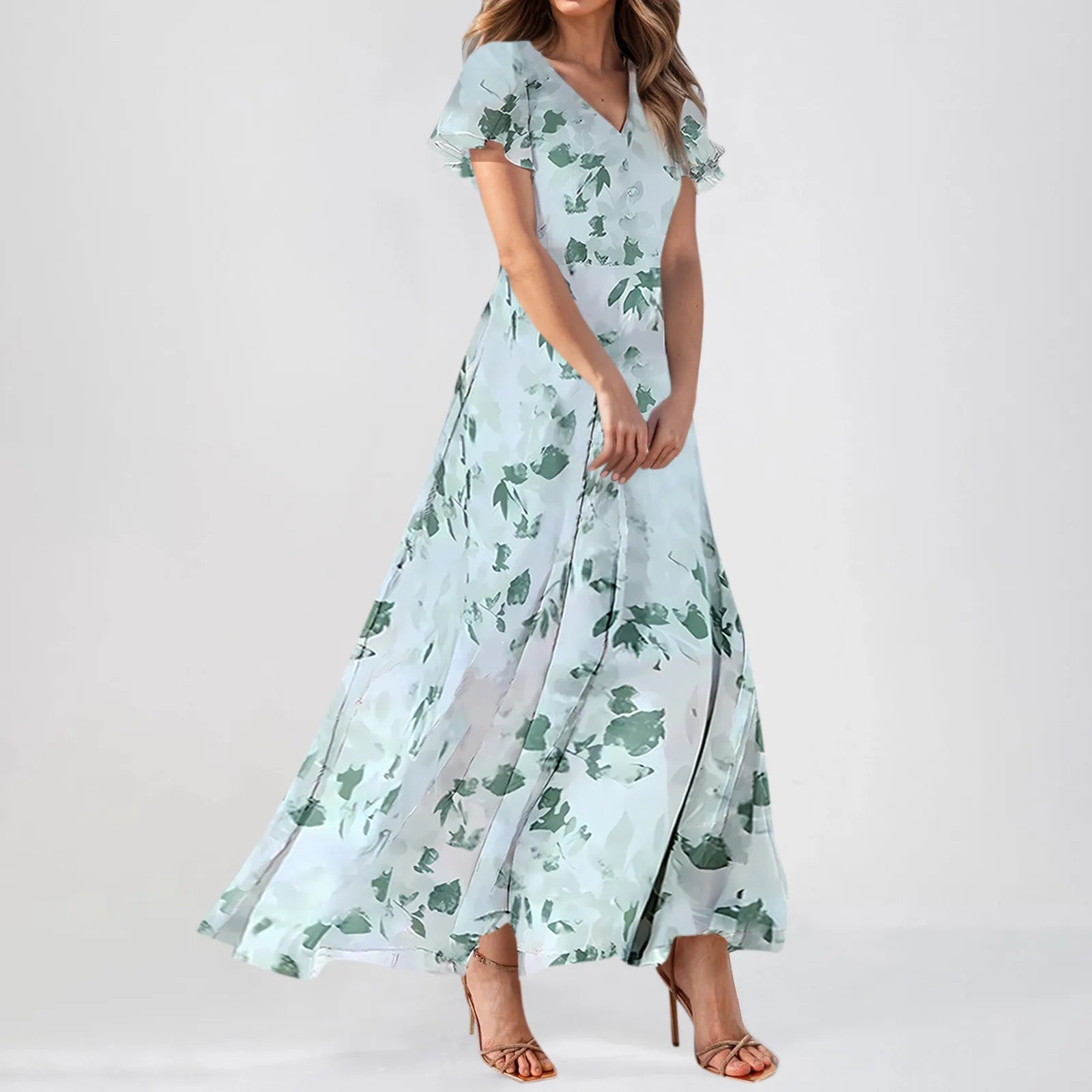 Women V-neck Ruffle Short Sleeve Maxi Dress Waist Tight High-waist Hem Sweet Floral Print Elegant Dress Female Clothing Vestidos
