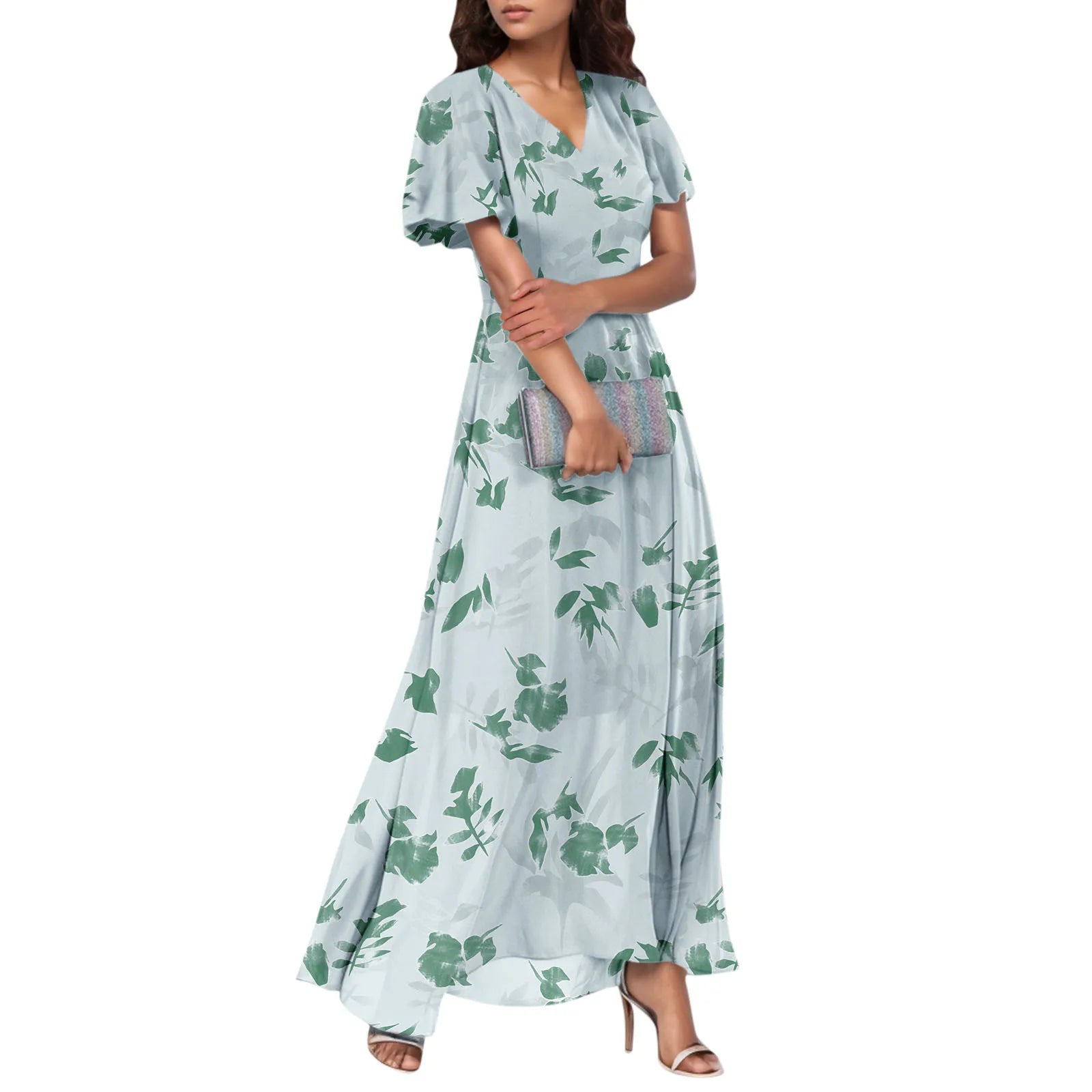 Women V-neck Ruffle Short Sleeve Maxi Dress Waist Tight High-waist Hem Sweet Floral Print Elegant Dress Female Clothing Vestidos