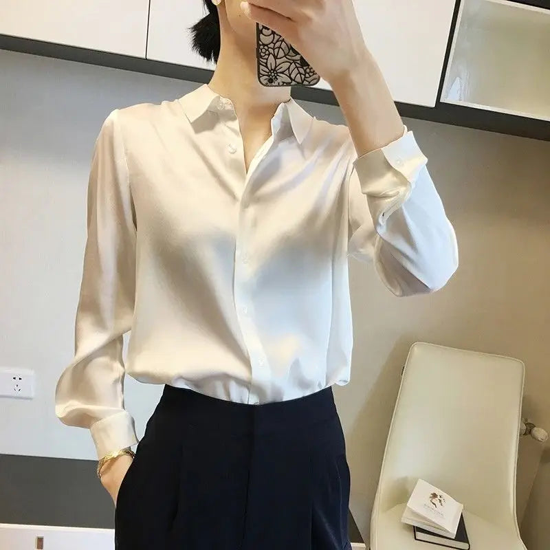 Comfortable Turn-down Collar All Seasons Women's Clothing 2023 Chiffon Trend All-match Korean Solid Color Long Sleeved Blouses