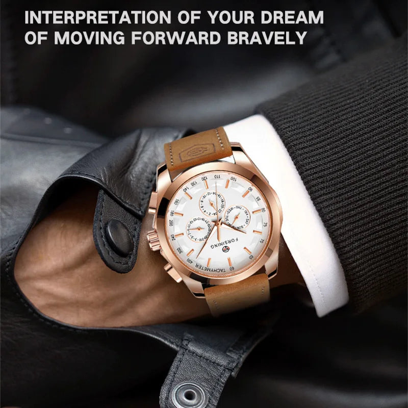 FORSINING Men Watches Automatic Mechanical Watch Luxury Gold Clock Genuine Leather Waterproof Watch Men Military Wristwatch Man