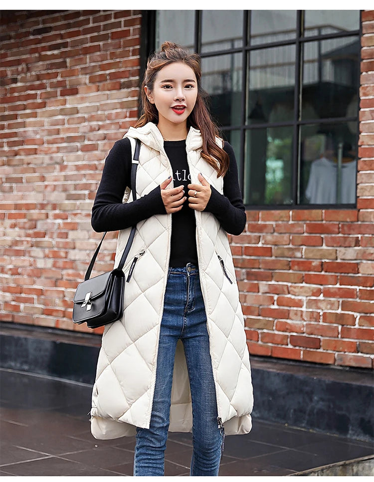 Women's Sleeveless Vest Long Down Padded Jacket Solid Color Hooded Loose Ladies Fashion Casual Warm Winter Jacket Vest Women