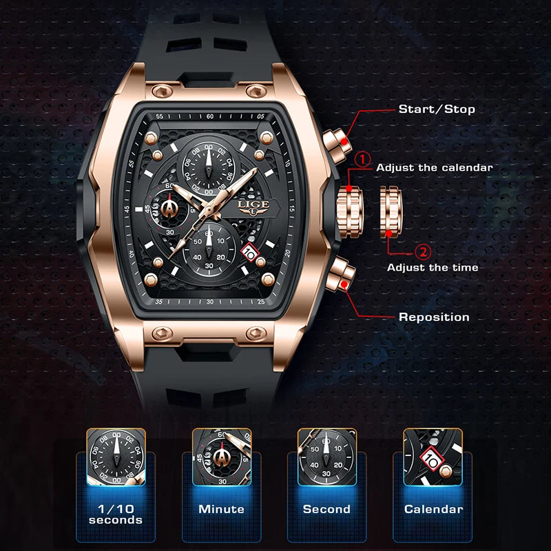 LIGE Quartz Mens Watches Fashion Business Military Wrist Watch For Men Silicone Sport Waterproof Chronograph Square Watch Men