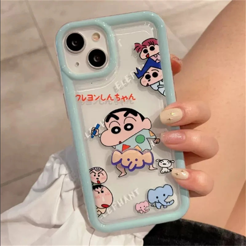 3D Rotating Crayons Shin-Chans Phone Case For IPhone 16 15 14 Pro Max Plus 11 13 12 Mini Pro Max Cover Airbag Clear Soft Casing