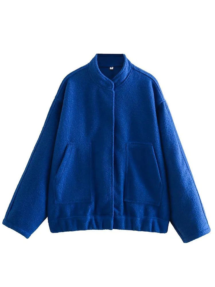 MiuKoMiYa Army Green Short Wool Blend Bomber Jackets For Women Winter Outdoor Women's Woolen Blend Coat Women Loose Wool Jacket