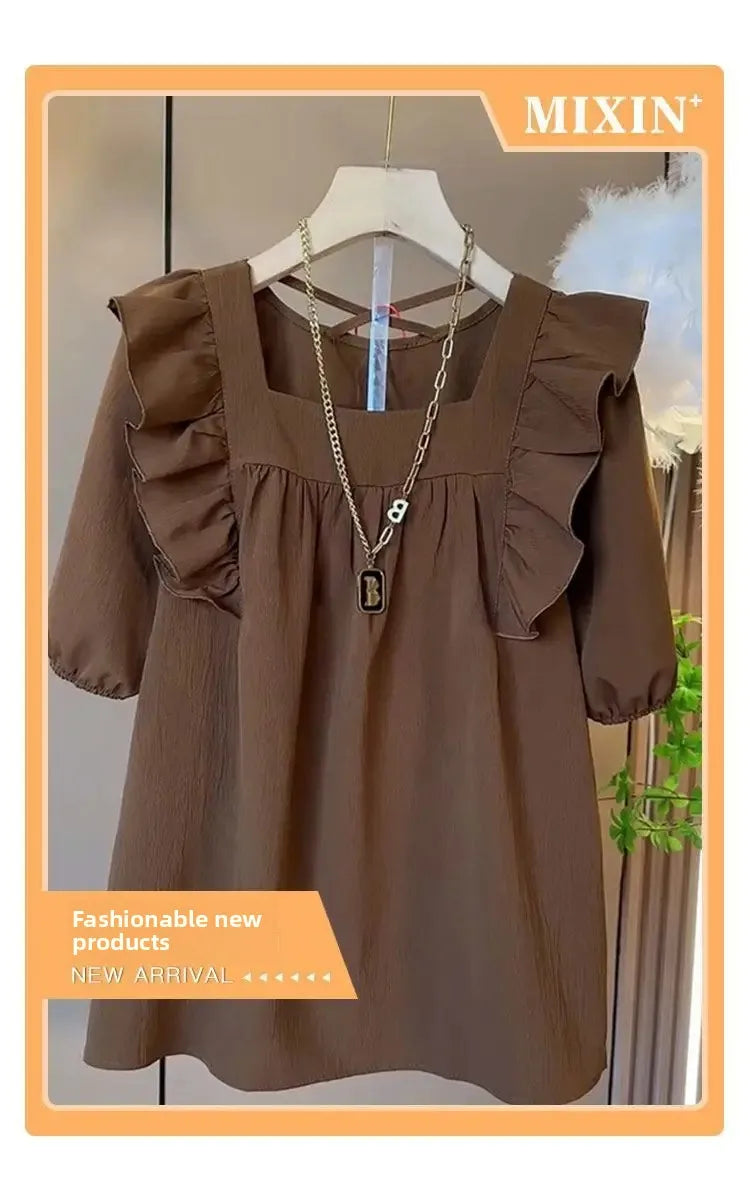 Summer Casual V-neck Back Cross Strap Fly Sleeve Elastic Shoulder Loose Fit Small Shirt Versatile Simple Top for Plump Sister