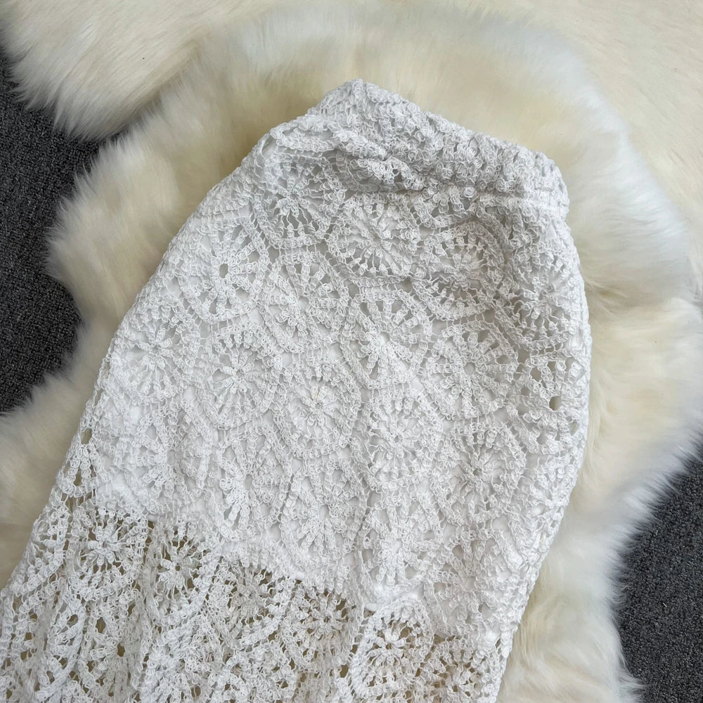 Boho Holiday Long Skirts Women Crochet Hollow Out Female Trumpet Skirt Ladies Elegant Lace Patchwork Summer Skirt Dropshipping