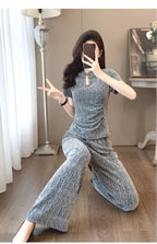 Fashion suit women's summer new style high-end feeling new Chinese style short sleeved top+casual wide leg pants two-piece set