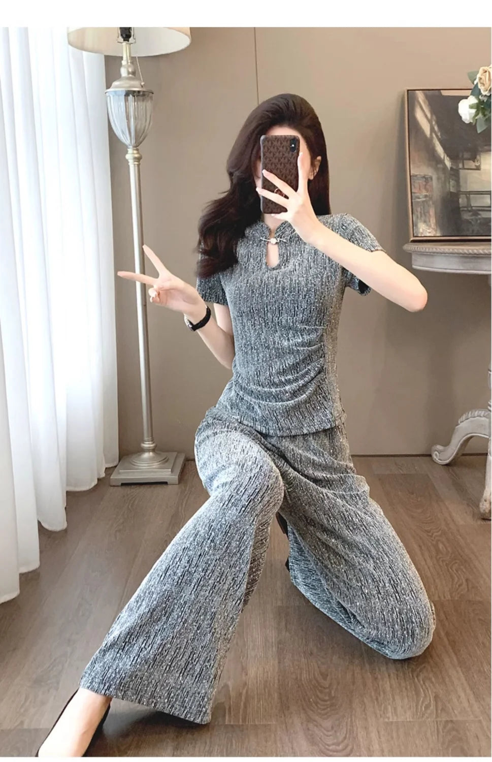 Fashion suit women's summer new style high-end feeling new Chinese style short sleeved top+casual wide leg pants two-piece set