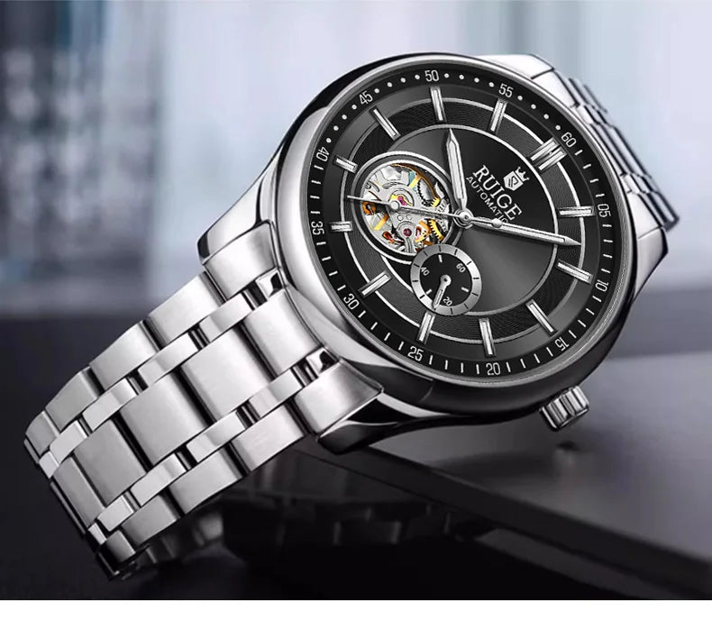 RUIGE High Quality Hollow Mechanical Movement Men's Watch Stainless Steel Fashion Men's Night Light Waterproof Watch