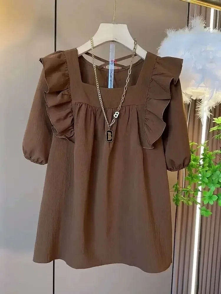 Summer Casual V-neck Back Cross Strap Fly Sleeve Elastic Shoulder Loose Fit Small Shirt Versatile Simple Top for Plump Sister