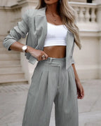 Women's Commuter Set 2024 Women's Clothing Style Tailored Collar Casual Stripe Short Collar Suit Coat Straight Leg Pants Set