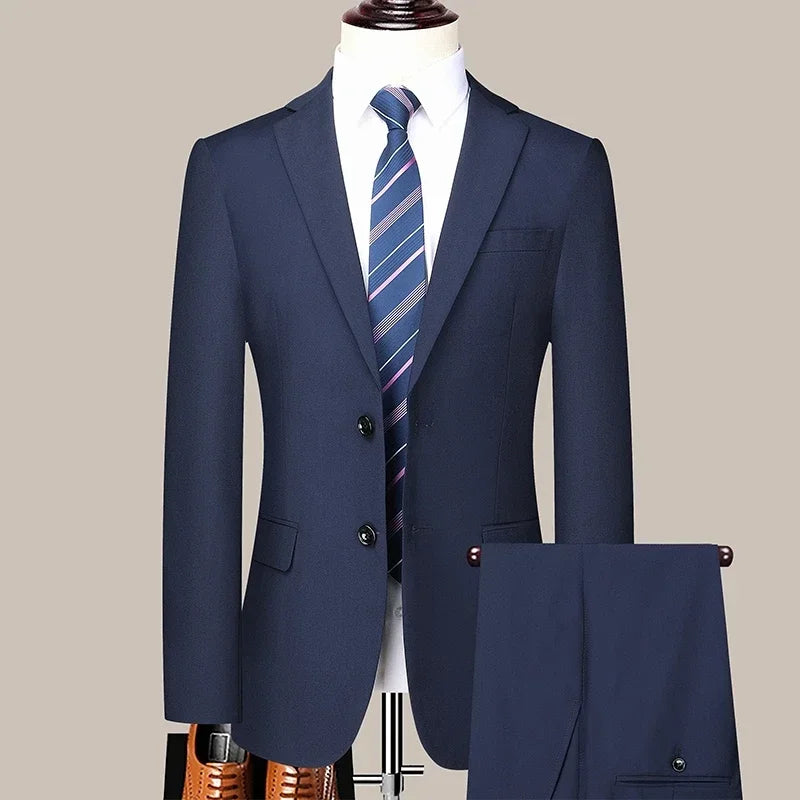 S-8XL New  (Blazer+ Pants) Men's Fashion Business Gentleman Trend Slim-fit Casual Wedding Travel Plus-size Solid Color Suit