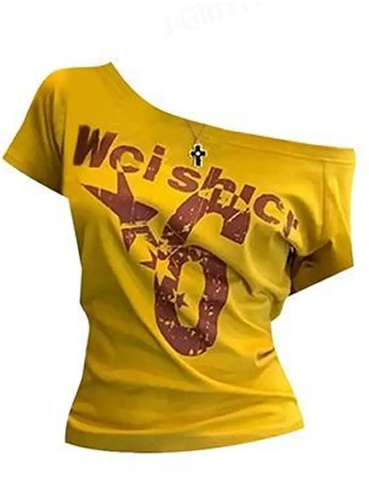 Y2k Women Vintage Streetwear Sport Short Sleeve Acubi Letter Print T-shirts Grunge Off Shoulder Spicy Tshirt Top Tee Alt Clothes