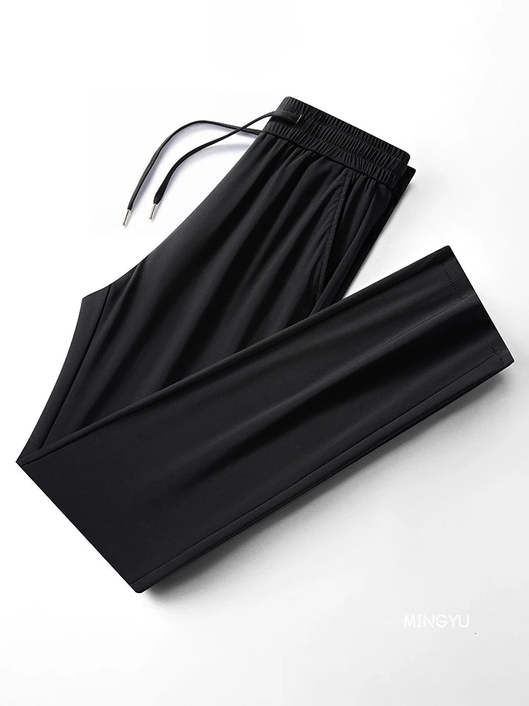 Summer High Stretch Smooth Ice Silk Casual Pants Man Thin Soft Elastic Waist Korean Grey Sweatpants Sports Jogging Trousers Male