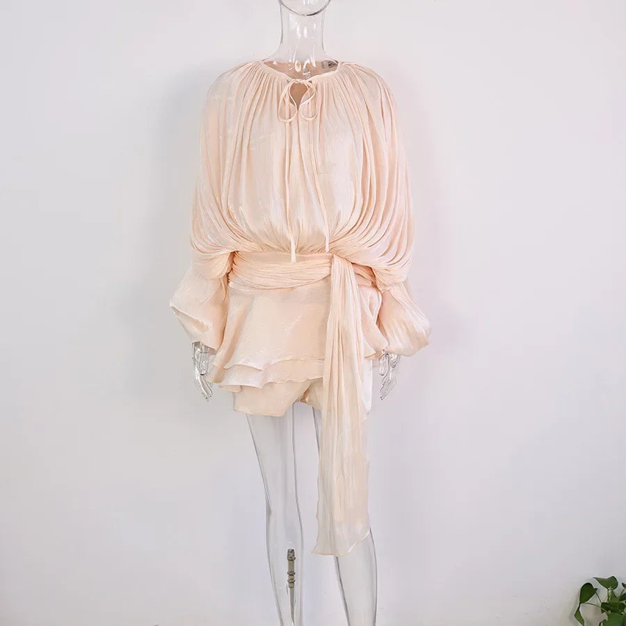 Pleated Mini Dress Women New Fashion Puff Sleeve Elegant V-neck High Waist Evening Party Dresses Lady Holiday Beach Vestidos