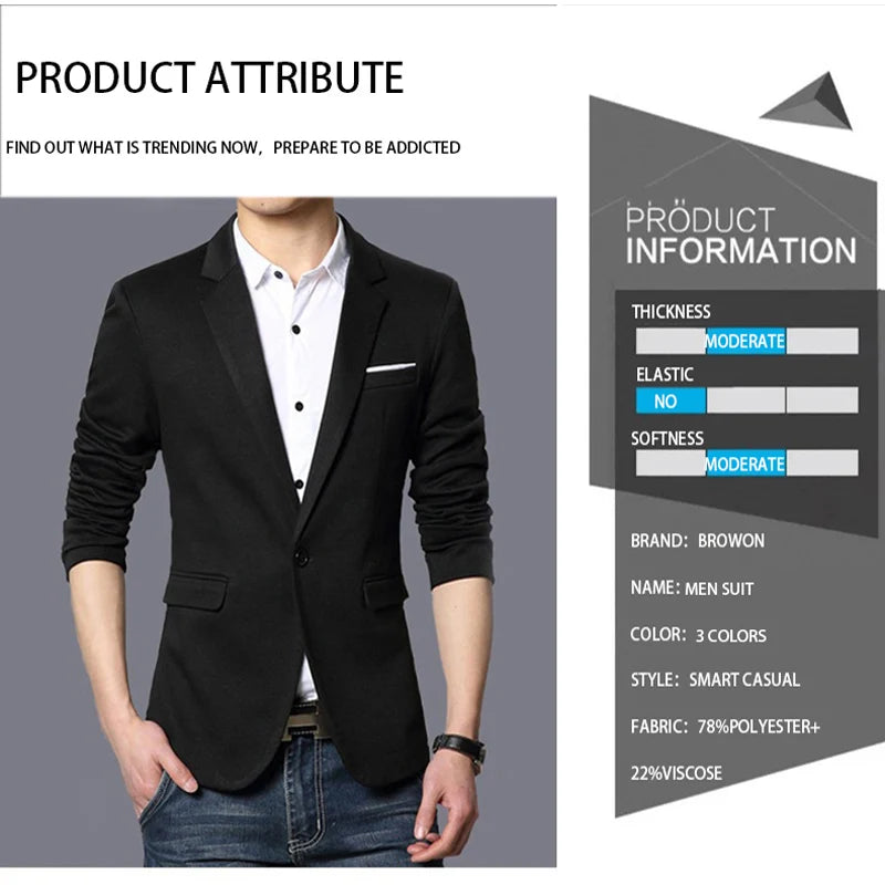 BROWON Autumn Brand Men Blazers Slim Fit Casual Suit Jacket Sold Color One Button Korean Style Business Wedding Party Blazer