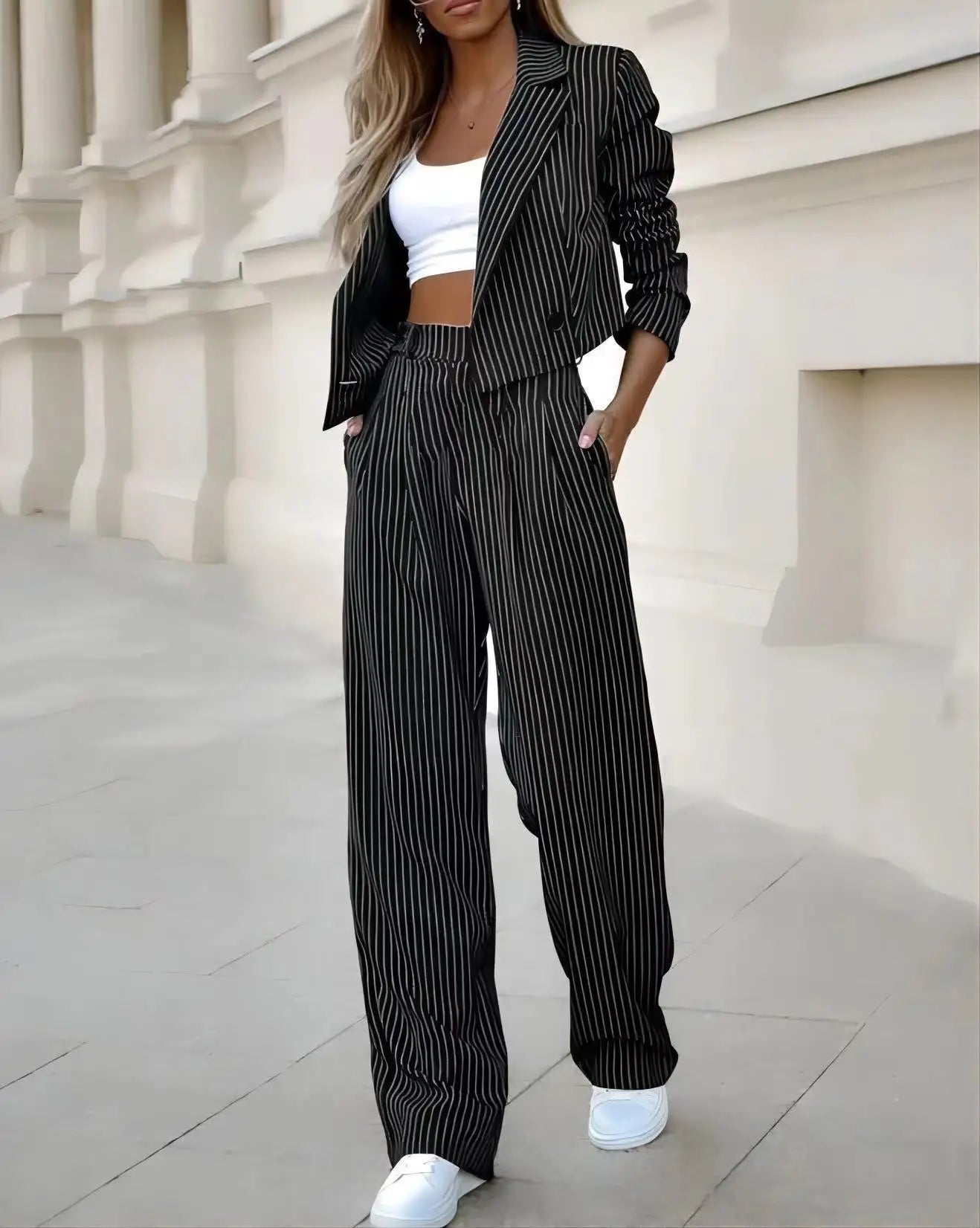 Women's Commuter Set 2024 Women's Clothing Style Tailored Collar Casual Stripe Short Collar Suit Coat Straight Leg Pants Set