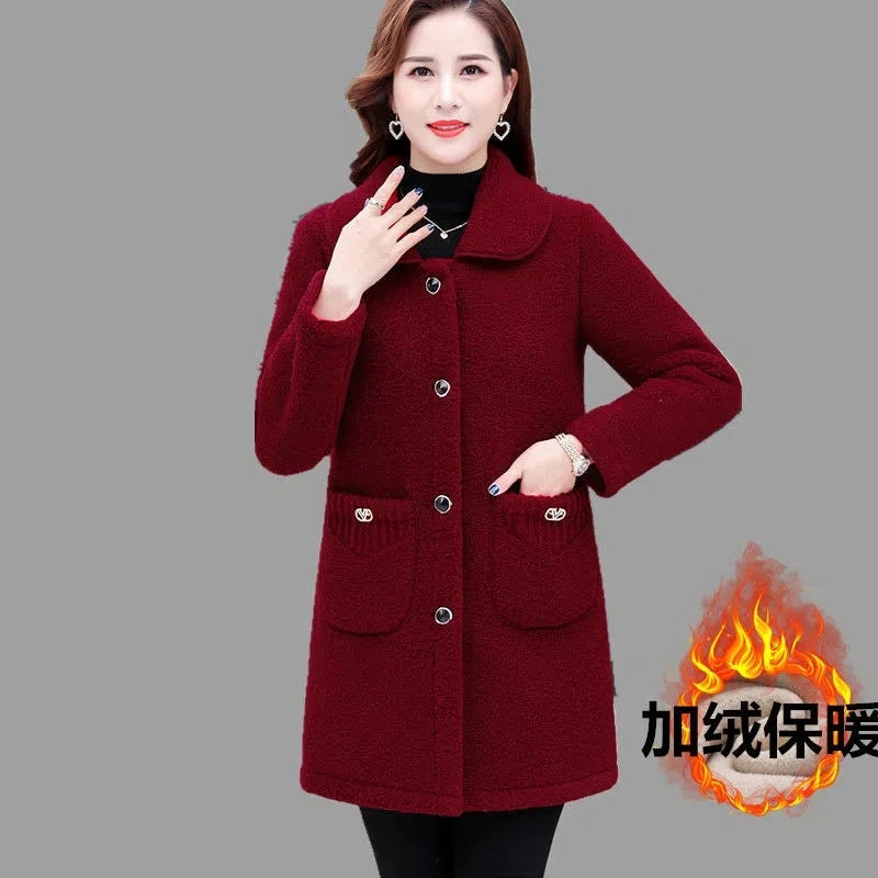 Middle-aged Mothers Faux lamb Wool Coat 2024 Autumn Winter Loose Long-sleeve Outerwear Solid Female Jacket Parkas Casual Tops
