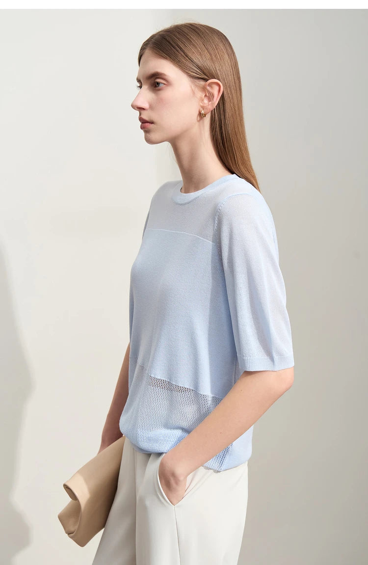 Amii Minimalism 2024 Knit Sweater Women Summer New Solid O-Neck Loose Short-sleeved Wool Casual Patchwork Chic Tops 12422028