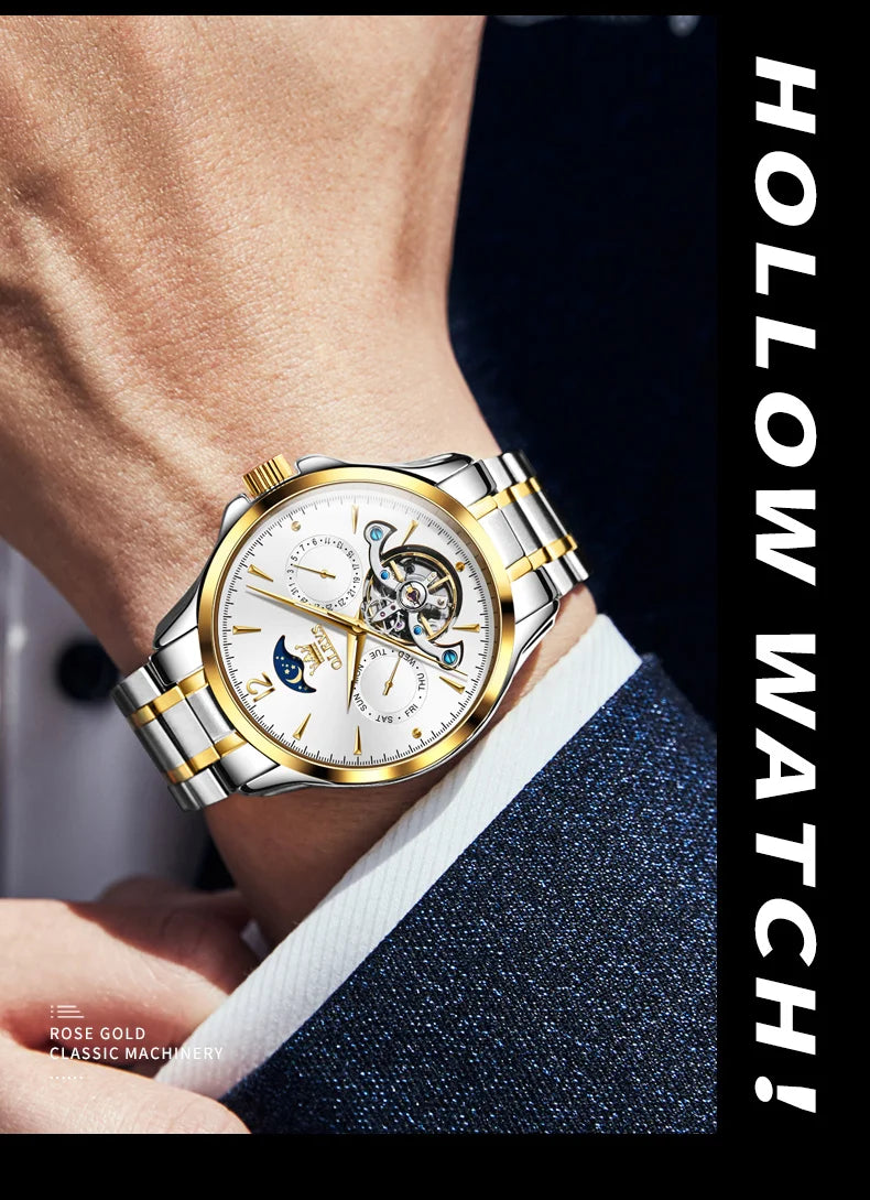OLEVS 6663 Mens Watch Original Mechanical Watch Tourbillon Waterproof Luminous Leather Strap Moon Phase Day-Date Watch With Box