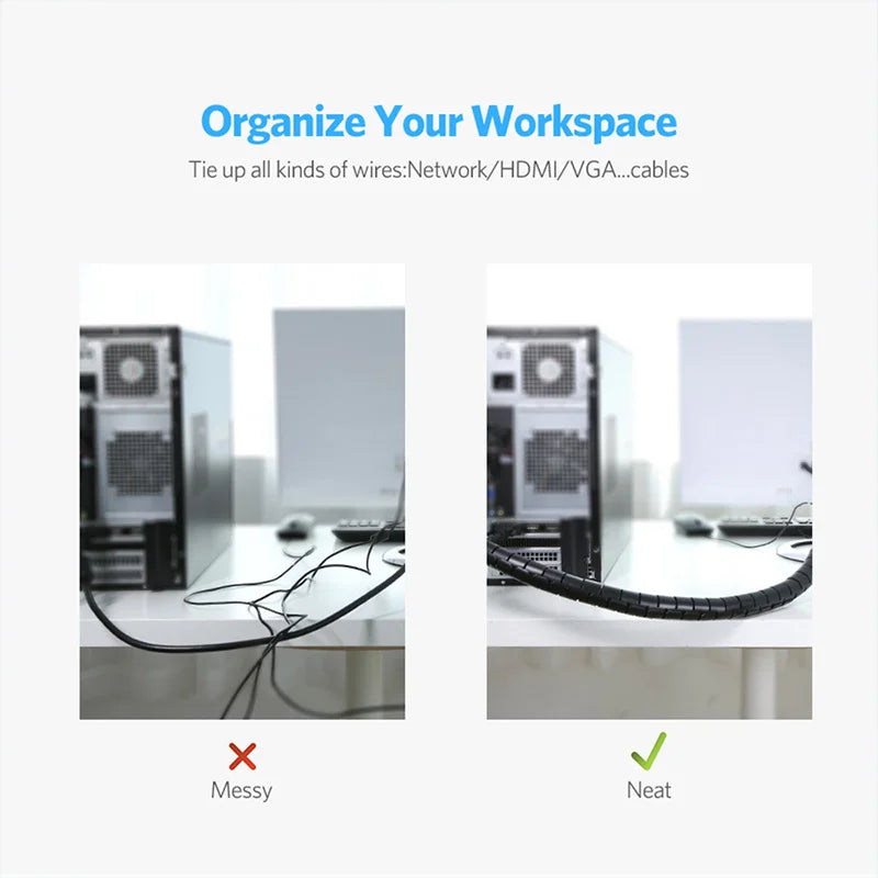 2M 16/10mm Flexible Spiral Cable Wire Protector Cable Organizer Computer Cord Protective Tube Clip Organizer Management Tools