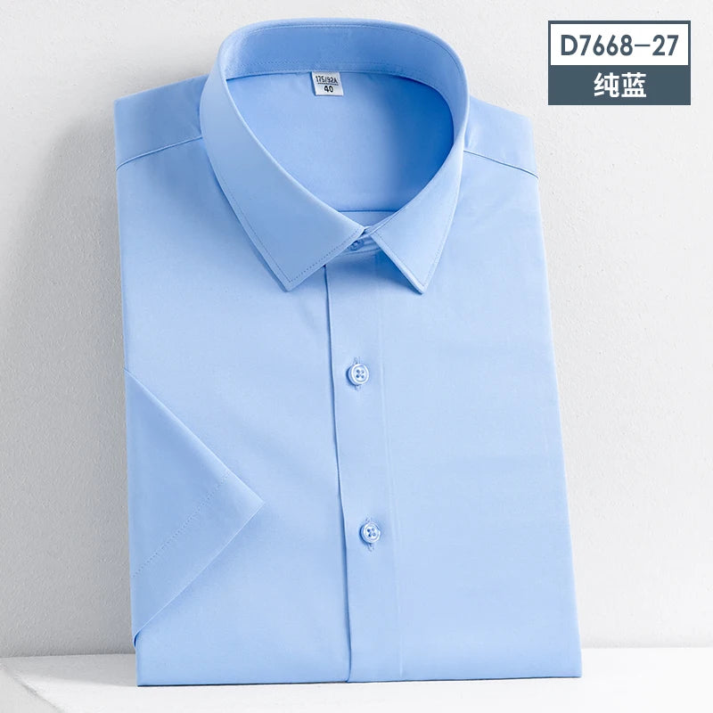 2023 Summer Short Sleeve High Density Silky Material Solid  Elastic Business Men Dress Shirts No Pocket Stretch Clothes