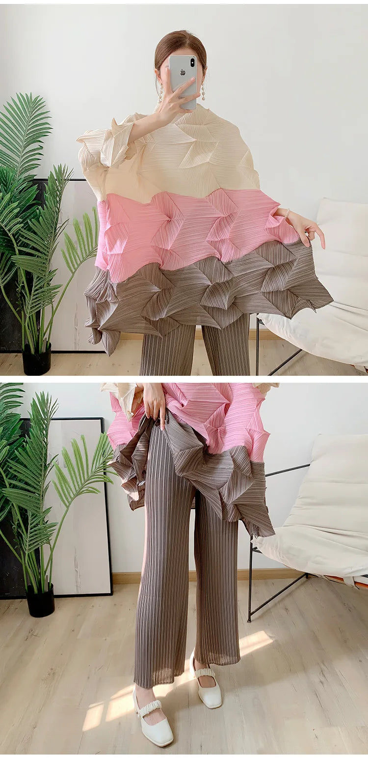 Miyake Diamond Pleated Two Piece Set Women Winter Outfits Elegant Causal Batwing Long Sleeve Three Colour Tos Straight Pants