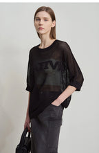 Amii Minimalist Women's Hollowed-out Knitted Pullover 2025 Summer New Half-sleeve Crew Neck Loose Blouse Thin Solid Top 12542139