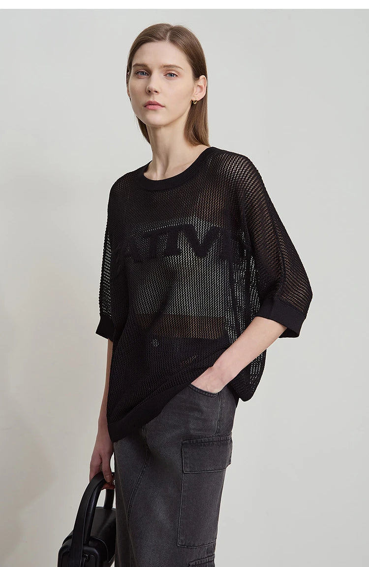Amii Minimalist Women's Hollowed-out Knitted Pullover 2025 Summer New Half-sleeve Crew Neck Loose Blouse Thin Solid Top 12542139