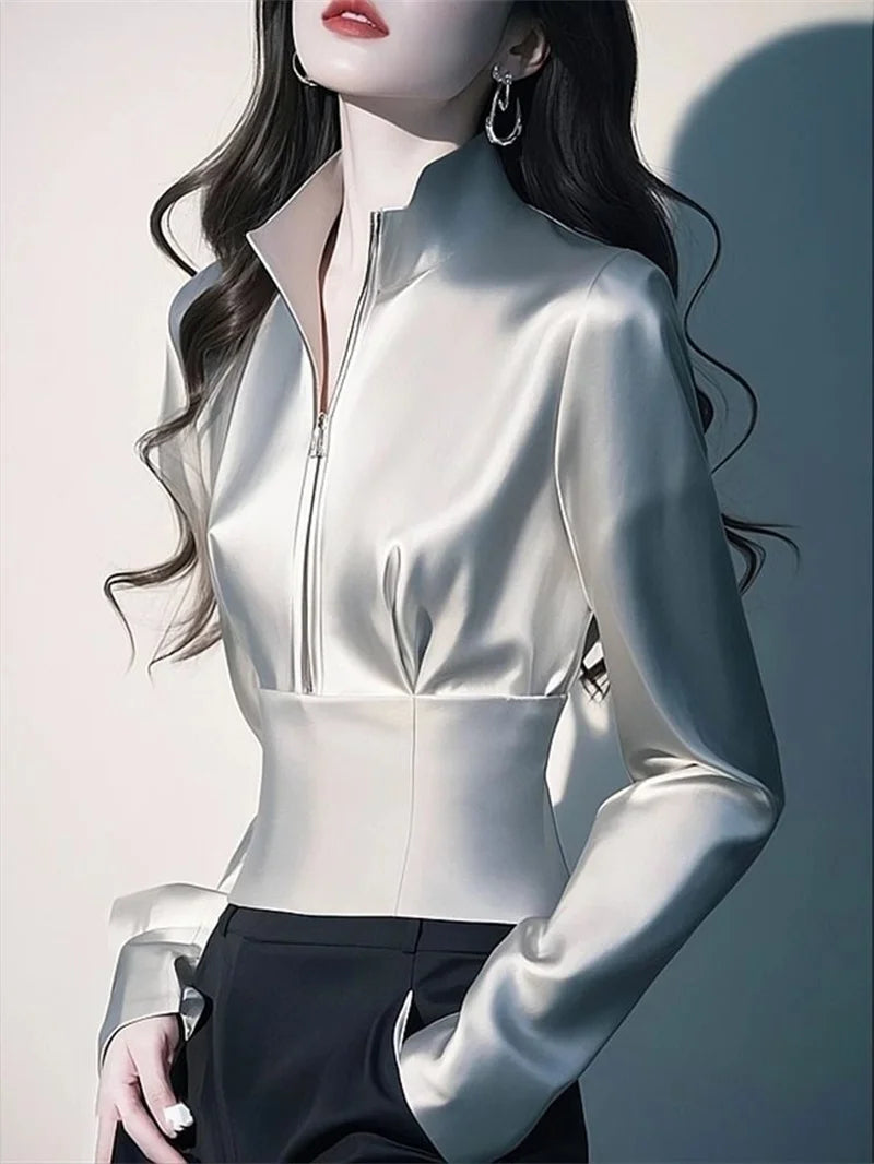Luxury Satin Shirt Women's Spring Summer New Coat Unique Beautiful Waist Jacket French High-Grade Outerwear Female Overcoat Tops