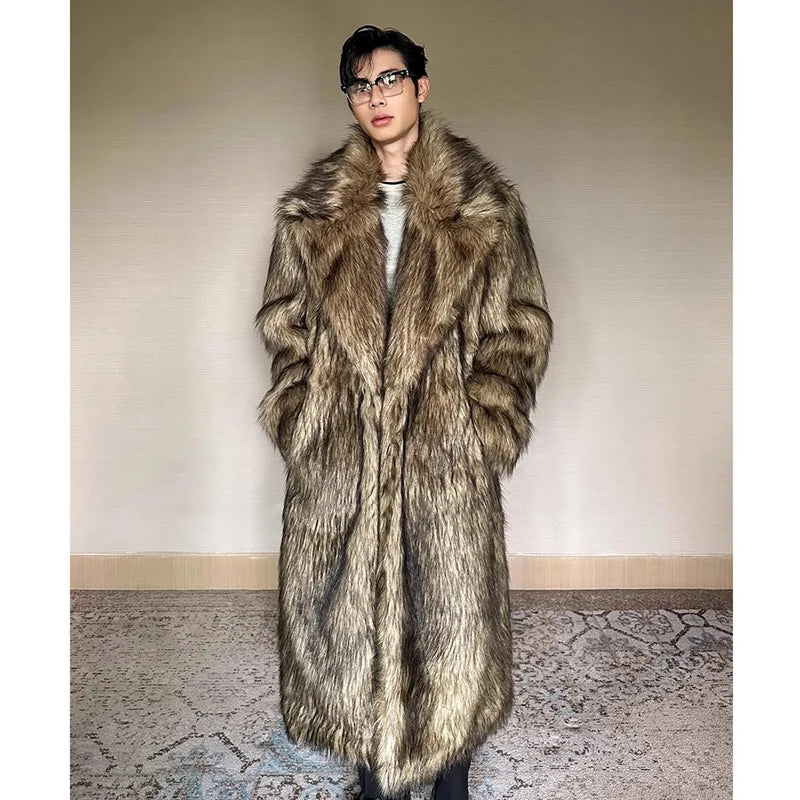 Men's fur coat, Wolf fur, fox fur, lapel long overcoat, winter windproof and warm windbreaker, large size