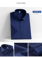 2023 Summer Short Sleeve High Density Silky Material Solid  Elastic Business Men Dress Shirts No Pocket Stretch Clothes