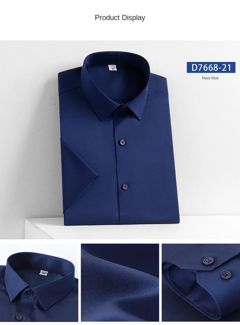 2023 Summer Short Sleeve High Density Silky Material Solid  Elastic Business Men Dress Shirts No Pocket Stretch Clothes