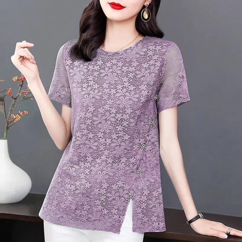 Lace Women's Summer New Fashion Stylish Short Sleeve T-Shirt Plus Size Design Sense Loose Slimming Top